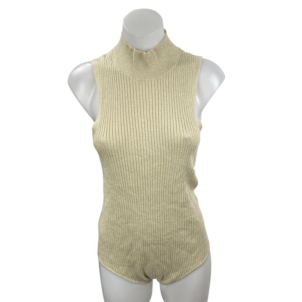 On 34th Cream Beige Sleeveless Turtleneck Ribbed Knit Tank Bodysuit Top Size L